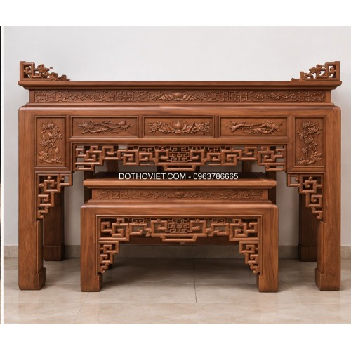 Bộ án gian thờ Chúc Phúc Như Ý Cát Tường chất liệu Gỗ Hương Đá