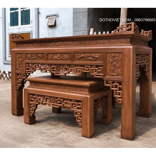 Bộ án gian thờ Chúc Phúc Như Ý Cát Tường chất liệu Gỗ Hương Đá