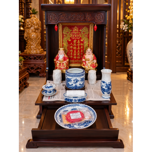 Bàn Thờ Thần Tài Mẫu Tài Lộc 48cm Kèm Đồ Thờ Men Lam