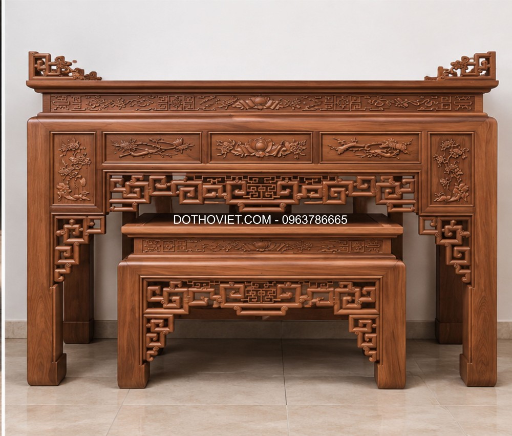 Bộ án gian thờ Chúc Phúc Như Ý gỗ Hương đá 197cm kết hợp bàn thờ phụ
