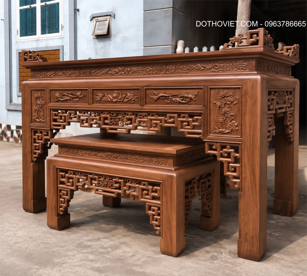 Bộ án gian thờ Chúc Phúc Như Ý gỗ Hương đá 197cm kết hợp bàn thờ phụ